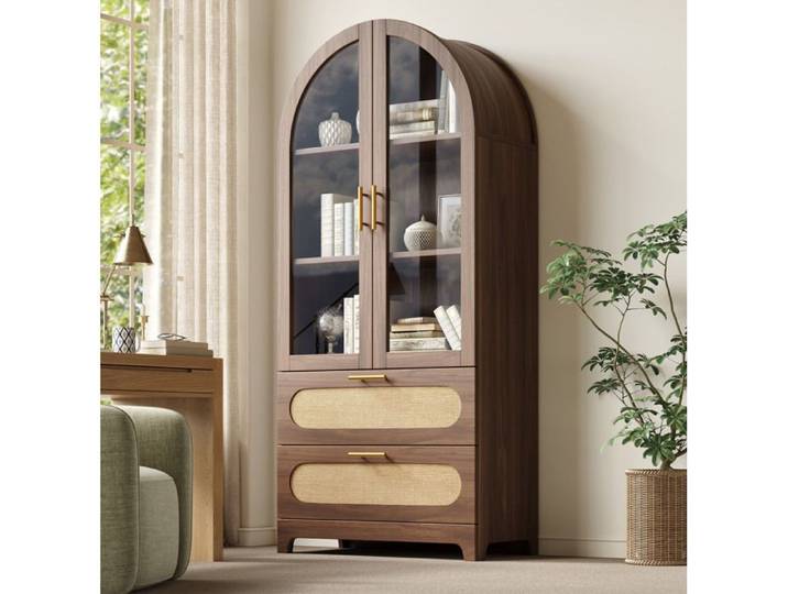 Vitrine haute AESVAR Montmartre 80x40x175 cm 2 portes vitrées 2 tiroirs bois effet noyer