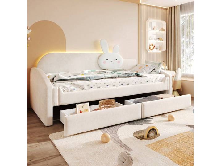 Lit coffre enfant 90x200 cm avec rangement LED tête de lit et accoudoirs rembourrés