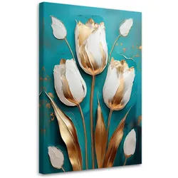 WANDBILD weiße und goldene tulpen auf türkisfarbenem hintergrund