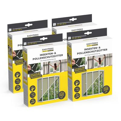 EASYmaxx Moskitonetz mit Pollenschutz 4er-Set 150x130cm schwarz 12 Magnetbefestigung für Fenster