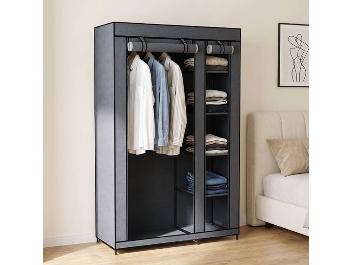 HOMCOM Armoire Tissu 110x45x175cm 5 Étagères Tringle Gris Chambre