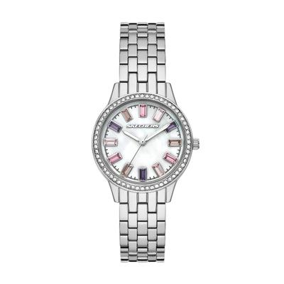 Quarzuhr SKECHERS "Camila", silber (metallfarben, weiß), Armbanduhren, Damen, metallfarben, Quarzuhr, Armbanduhr, Metallarmband, analog, Glassteine