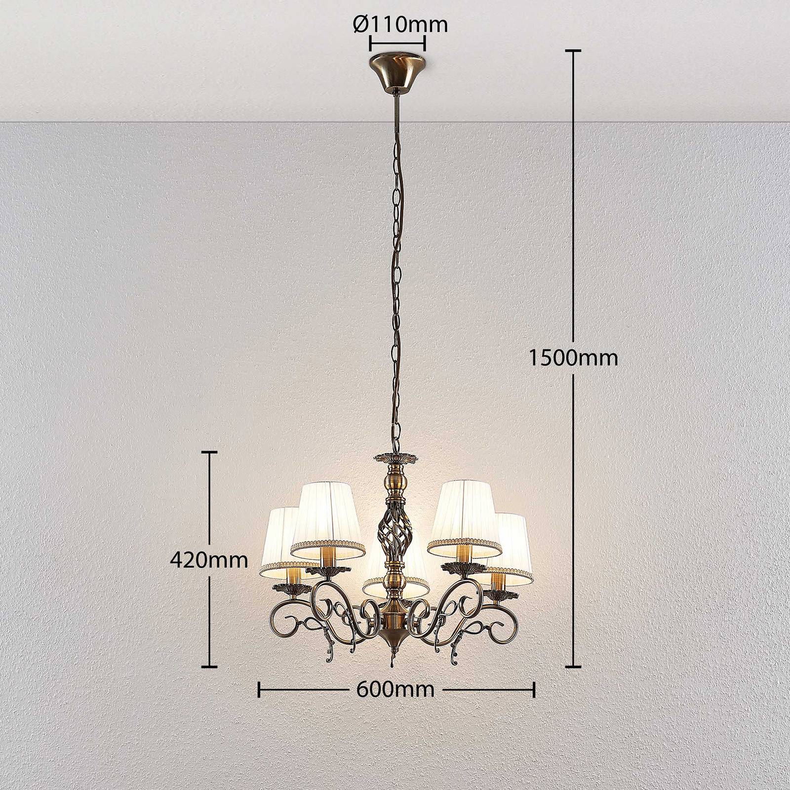 Chandelier Finnick Lindby, dimmable, Bronze / antique brass, Living / Dining Room, Textile / fabric / silk, Ceiling Light