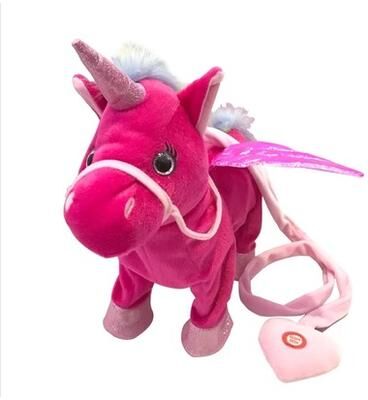 Youfap Market Walking Singing Electric Plush Toy Unicorn Leading Rope Angel Horse Doll red