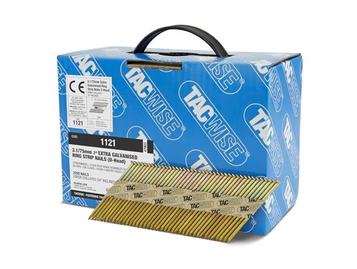 Tacwise 1121 Clous de Charpente Extra Galvanisés 3\,1 / 75 mm\, Lot de 2200 Tête en 'D'\, Tige Annulaire\, Inclinés à 34°\, Assemblés en Papier