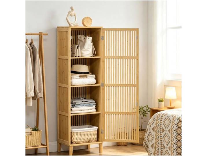 WOVREO Colonne de rangement haute en bambou naturel porte à lames 4 niveaux 40 x 30 x 140 cm