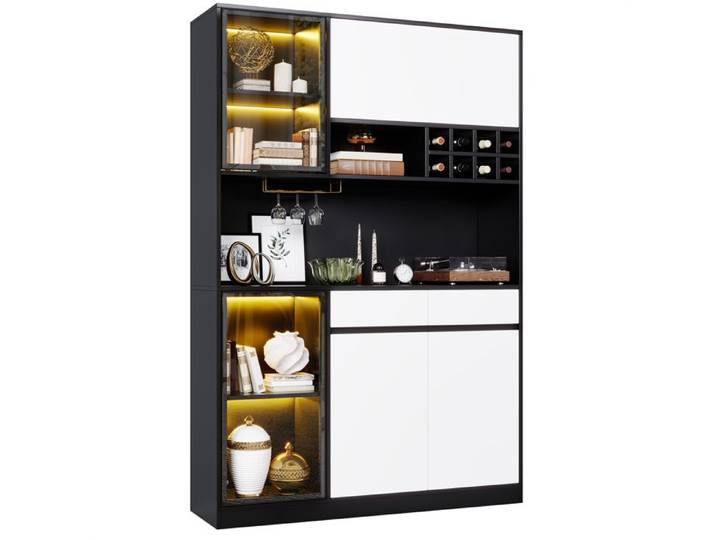 Buffet Cuisine Haut 180cm avec LED Armoire de cuisine avec portes et tiroirs Vitrine Meuble Buffet pour Salle à Manger Salon Blanc