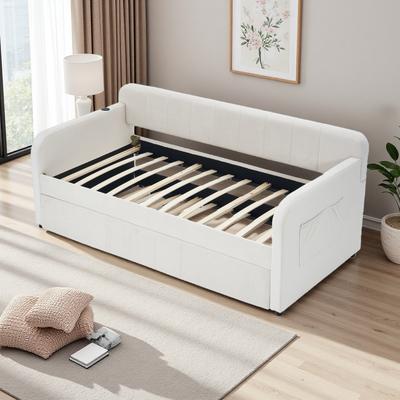 ZWYO HOSIMU Twin Size Upholstered Daybed Frame with Trundle, Solid Pine Wood, Space-Saving Sofa Bed for Bedroom with Wood Slat Support