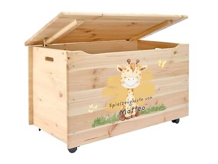 Pinus Spielzeugkiste personalisierbar 90x48x51 cm mit Deckel Rollen Kiefernholz, Wunschname personalisiert, große Aufbewahrung, für Spielzeug Decken Erinnerungen, Kinderzimmer Geschenk Geburt