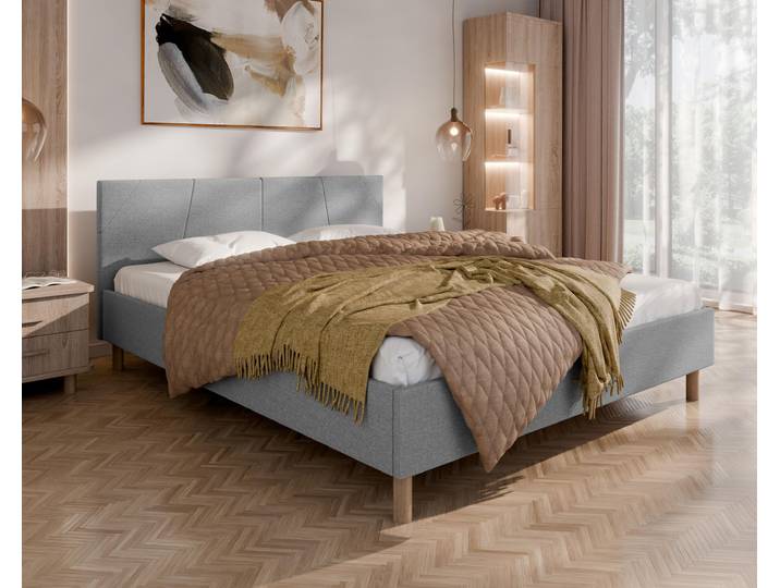 ALMORE Polsterbett – minimalistisches Design, Holzbett auf Füßen Federkernmatratze