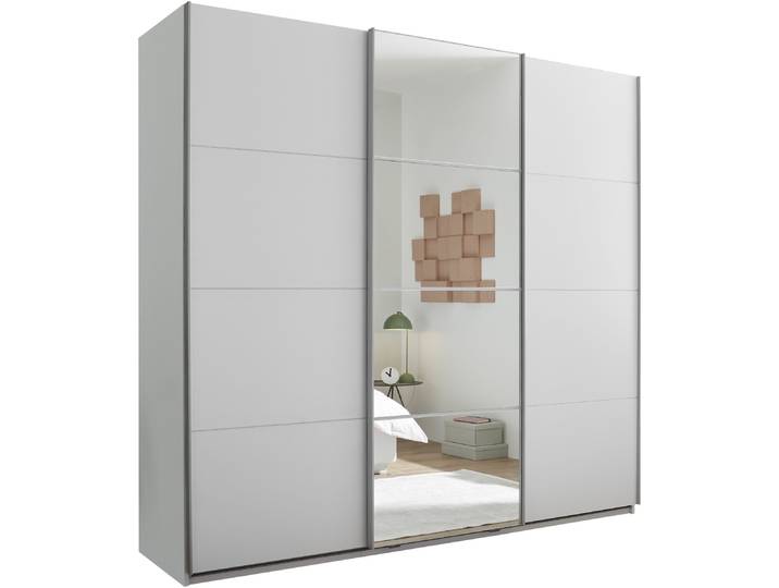 Schwebetürenschrank SCHLAFKONTOR Carano Kleiderschrank, Schiebetürenschrank mit Spiegeltür , weiss (weiß, spiegel), B:215cm H:204cm T:63cm, Melamin, Schränke, Schwebetürenschrank