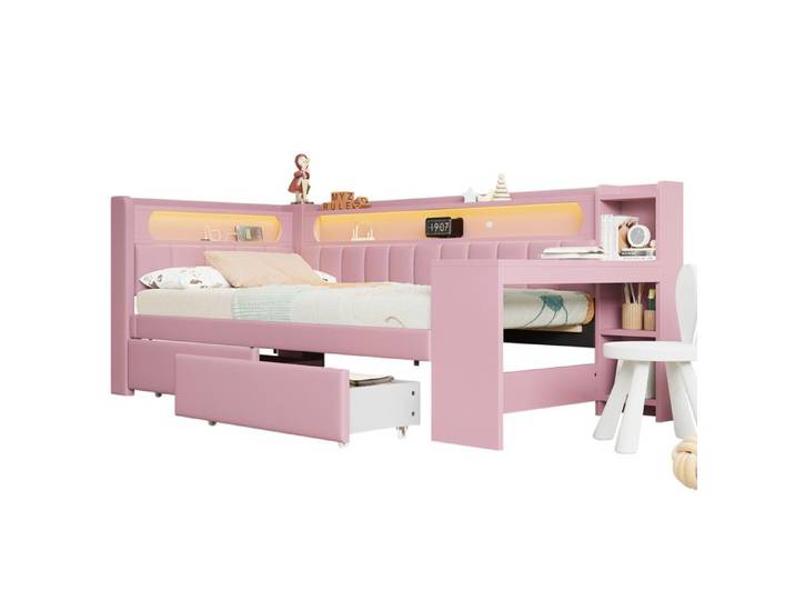 Lit coffre - Daybed - 90x200 cm - Bureau intégré - LED & prise USB