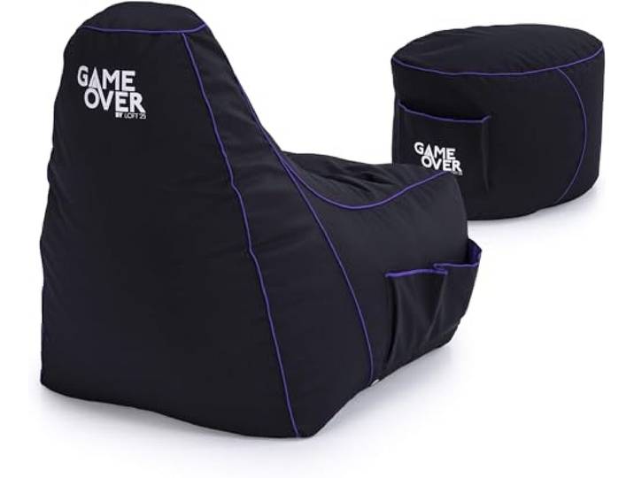 Game Over Video Gaming Sitzsack Spielen Stuhl und Fußhocker Drinnen Draußen Wasserbeständig Bean Bag Seitentaschen für Controller Headset Halter Ergonomisches Design (Drachenhaut)
