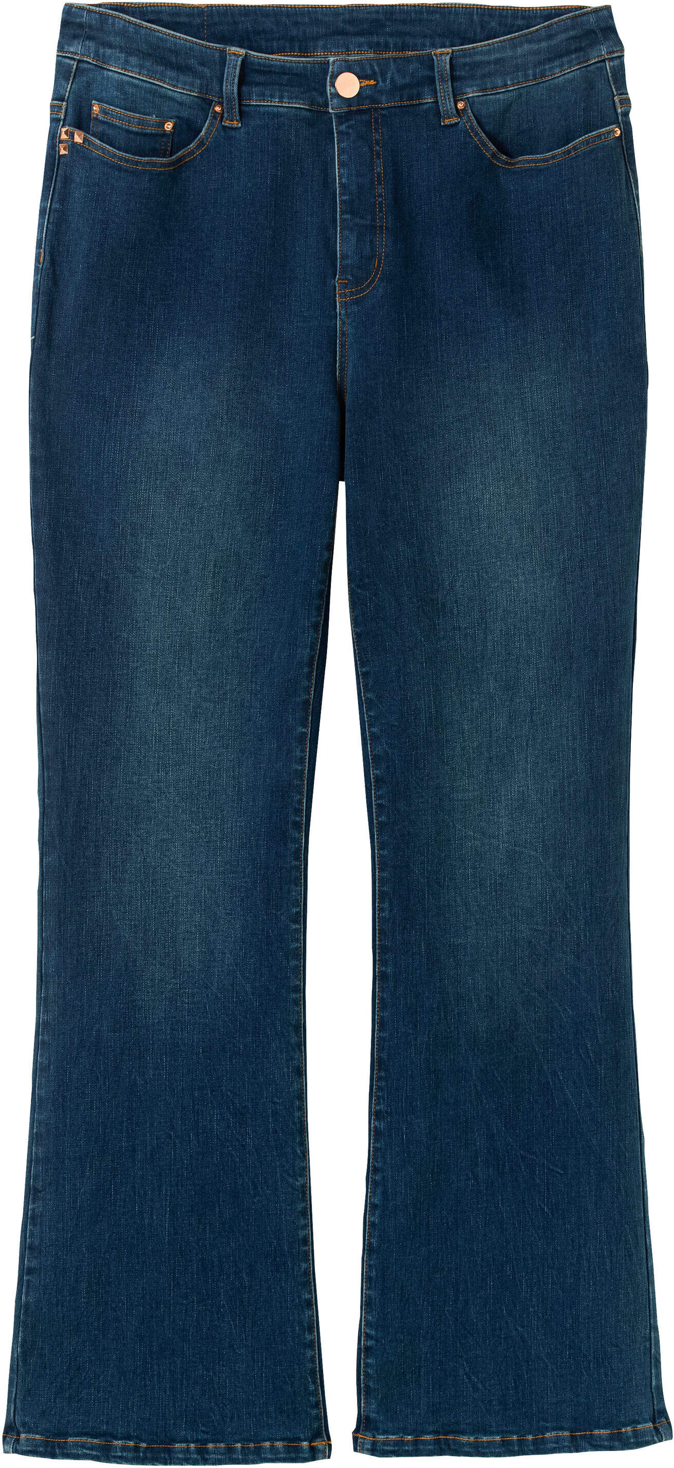 Bootcut-Jeans SHEEGO "Bootcut-Jeans Jeans mit Bodyforming-Effekt, Bootcut", Damen, Gr. 56, dunkelblau denim, Denim/Jeans, , Modisch, bootcut fit, Jeans Bootcut-Jeans, mit Bodyforming-Effekt