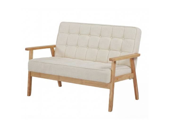 Fauteuil 2 Places à Boutons Capitonnés Structure en Bois Massif & Tissu Doux Petit Fauteuil Compact pour Salon Beige