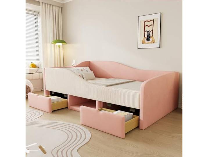 Bellemave Sofabett 90x190,Kinderbett mit 2 Schubladen,Rosa-Cremeweiß Weicher hautfreundlicher Samtbezug,Lattenrost,gepolsterter Schutzzaun,belastbar bis 200 kg,2-Paket-Lieferung,ohne Matratze
