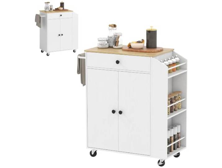 HOMCOM Kücheninsel Küchenwagen auf Rollen Arbeitsplatte 82x38x86,5cm Weiß