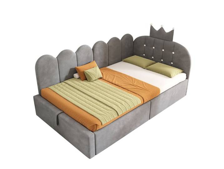 Lit invité en L 90x190 cm avec coffre hydraulique velours gris design grille couronne sans matelas