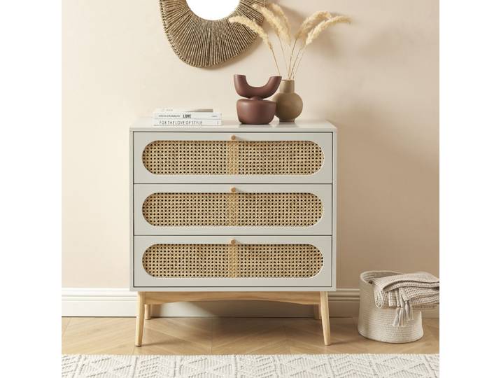 Commode gris perle et cannage rotin 3 tiroirs