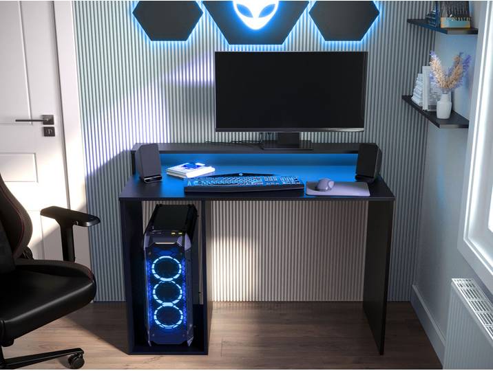 MIRJAN24 Gaming Schreibtisch Gamer 2, Computertisch mit Beleuchtung LED RGB, Monitor Regal, Gaming Stil (Farbe: Schwarz)