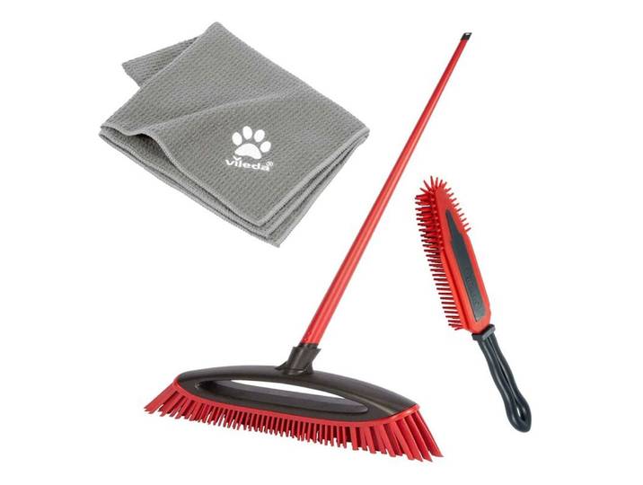 Tierhaarentferner VILEDA Vileda Pet Pro Komplettset , grau (grau, rot), B:16cm H:49cm L:27cm, Kunststoff, Reinigungsbürsten, Tierhaarentferner, Set mit Besen, elektrostatischer Bürste und Microfaser-Handtuch