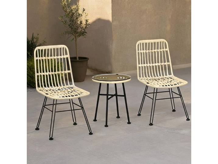 Ensemble bistro design 3 pièces 2 chaises et table ronde en résine tressée crème et verre trempé