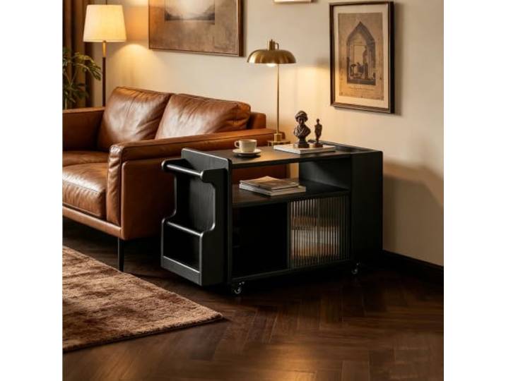 Multifunktionaler mobiler Couchtisch mit Zeitschriftenhalter und Stauraum Beistelltisch aus massivem Gummiholz, schmaler moderner Couchtisch im Mid-Century Stil(Black)