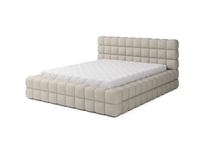 Lit double avec coffre tissu bouclettes capitonné beige 140x200