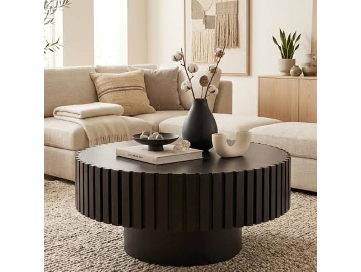 TYONGCOFF Runder Couchtisch, moderner Holz-Couchtisch im Trommel-Design mit geriffeltem Design, Wohnzimmertisch mit Echtholzfurnier, für kleine Räume und Apartments, Mid-Century Beistelltisch