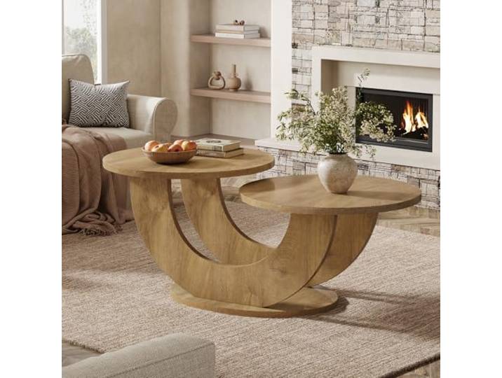LITTLE TREE 2-stöckiger runder Couchtisch für Wohnzimmer, modern E1 MDF Wohnzimmertisch, runder Couchtisch für Wohnzimmer, 58 kg Tragkraft, einfache Montage, Eichenoptik