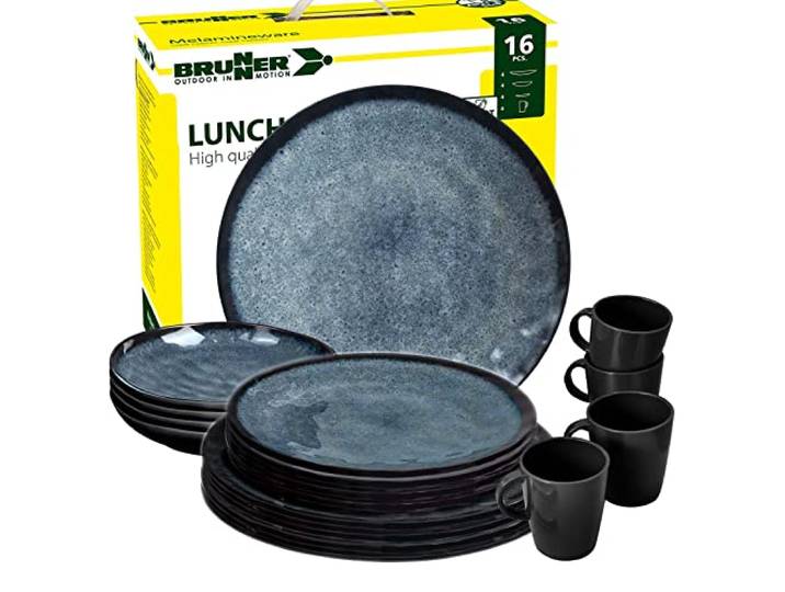 BRUNNER Camping-Geschirr-Set Melamin 16-Teilig Teller Lunch Box Venetian Antislip (Antirutsch), 2-4 Personen, wie Steingut (StoneTouch), Bruchfest, Teller & Kaffe-Becher, Wohnmobil Wohnwagen Boot