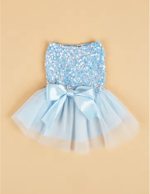 Inspire Picks Sequin Bow Princess Dog Dress Elegant Tulle Puppy Outfit For Small Pets blue xl