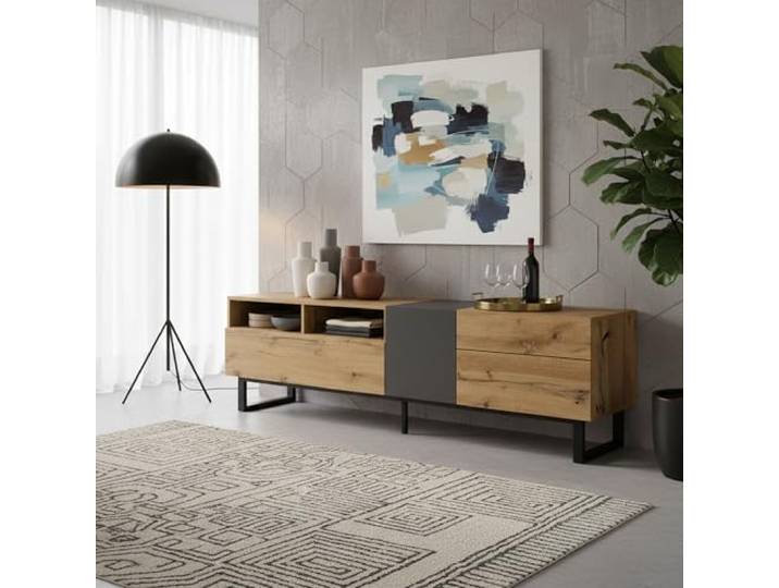 FurnitureR Farbblock-TV-Lowboard ohne Griffe, modernes Lowboard mit Flügeltüren & Stauraumfächern für Wohnzimmer & Medienbereich