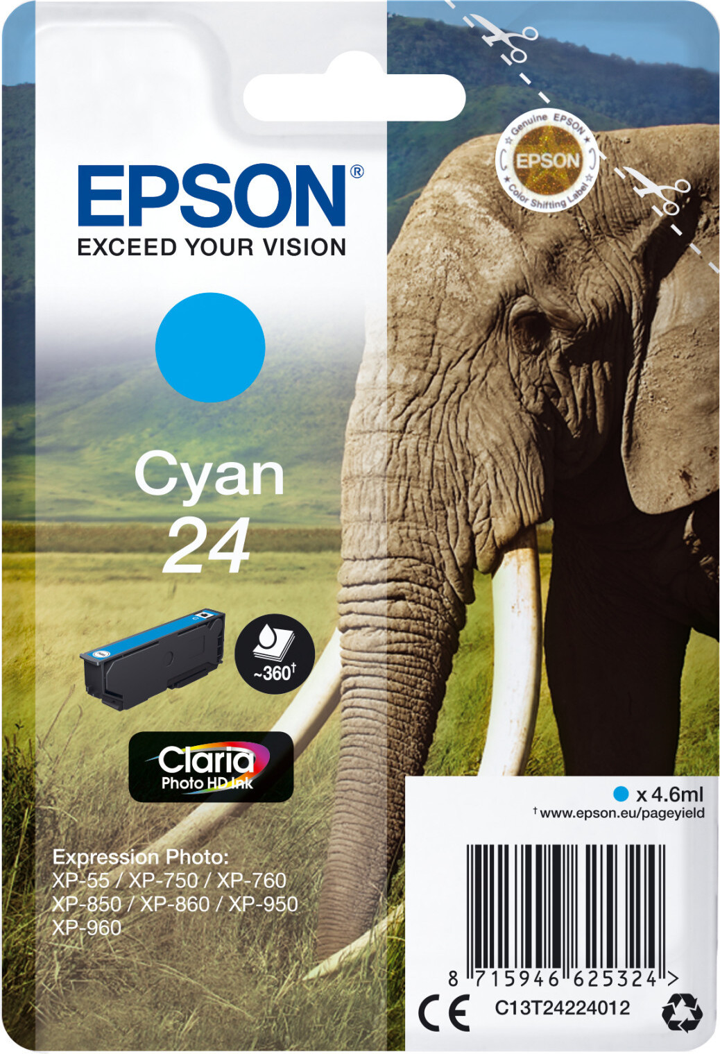 Epson Elephant Inktpatroon 24 Claria Photo HD Cyaan 4,6 ml