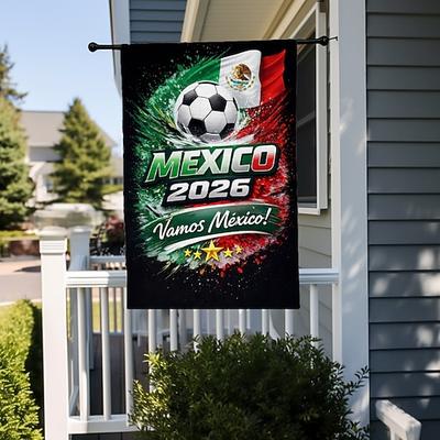 Gartenflagge im Stil der mexikanischen Fußball-WM 2026, mit den Farben der mexikanischen Flagge und dem Slogan „Vamos México!", perfekt für alle, die ihren Nationalstolz unterstreichen möchten.