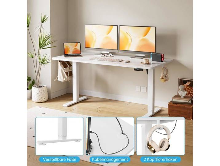 Bureau Assis-Debout Électrique – 140x70 cm Mémoire de Hauteur Blanc – Moteur silencieux