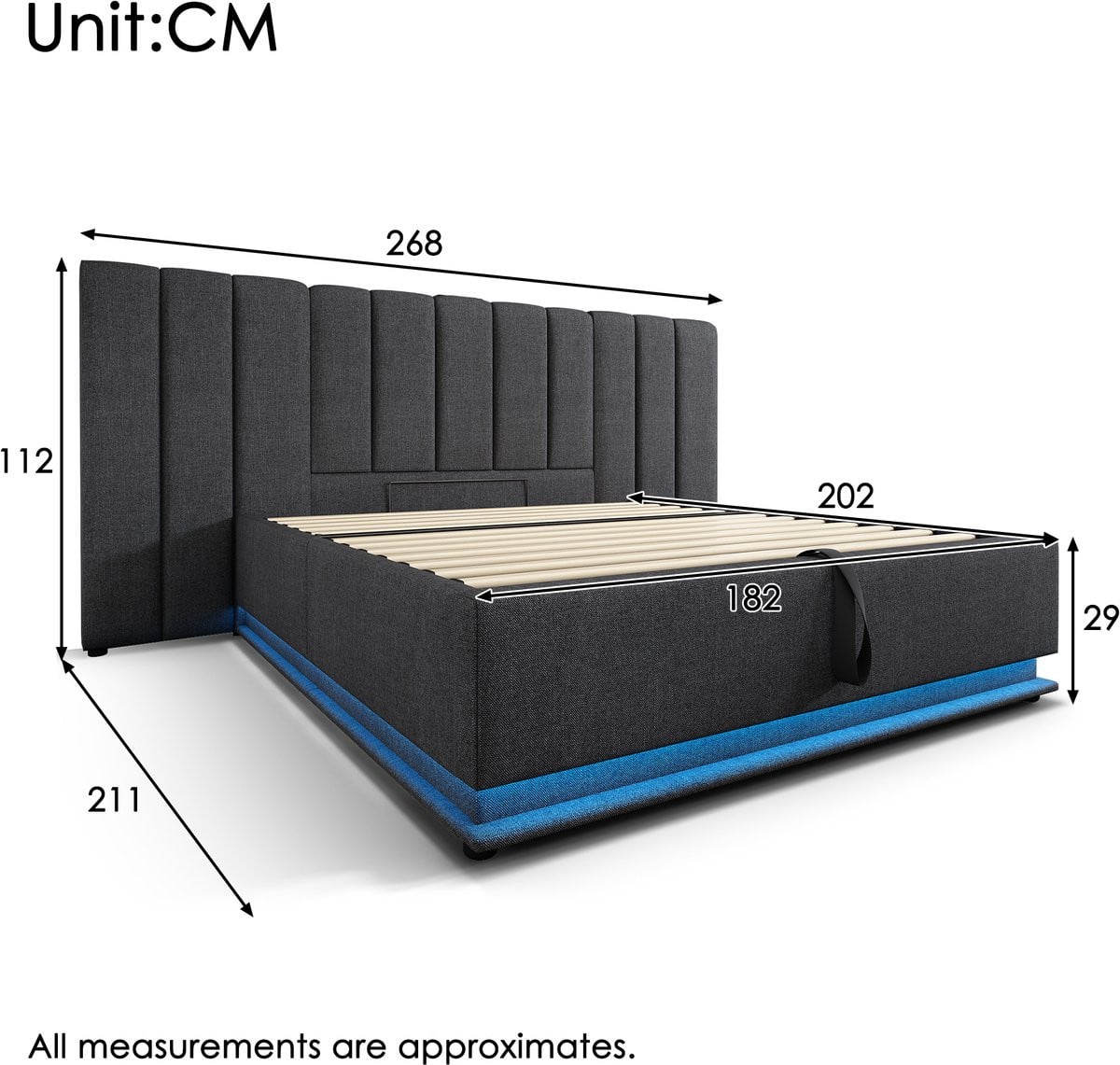 Polster Opbergbed met USB-laadfunctie en LED-verlichting, Grijs Linnen, 180 x 200 cm