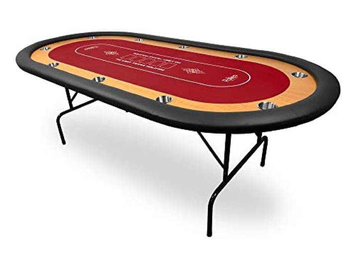 Pokeo Pokertisch klappbar für 10 Spieler 214×108 cm – Poker Tisch mit Racetrack und Getränkehaltern – Spieltisch Mikrofaser Rot – Texas Hold'em
