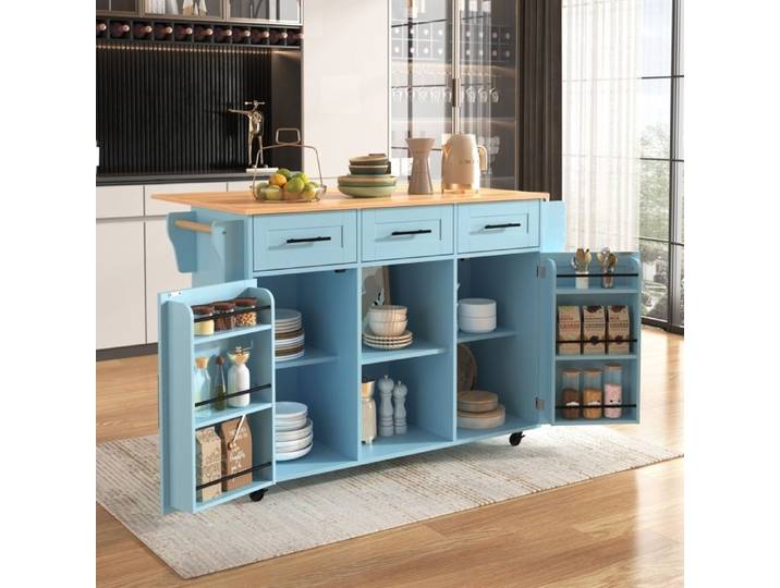 Îlot Central Cuisine Moderne avec Plan de Travail Pliable Roulettes Pieds Interchangeables en Bois Massif 139x46(71)x91.5cm Bleu
