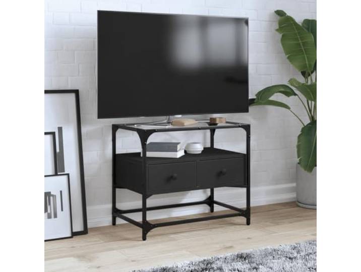 HEFZGDB TV-Schrank mit Glasplatte Schwarz 60x35x51 cm Holzwerkstoff Metallrahmen Zwei Schubladen Stauraum Beistellschrank TV-Ständer