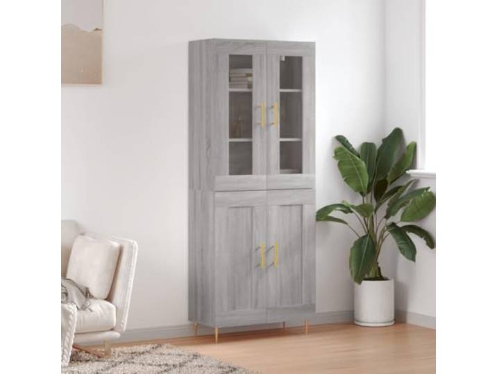 Elegantes Highboard für die Einrichtung aus Holzwerkstoff langlebig in Betongrau mit viel Stauraum, stilvolles Highboard Betongrau für das Wohnzimmer mit Metallfüßen