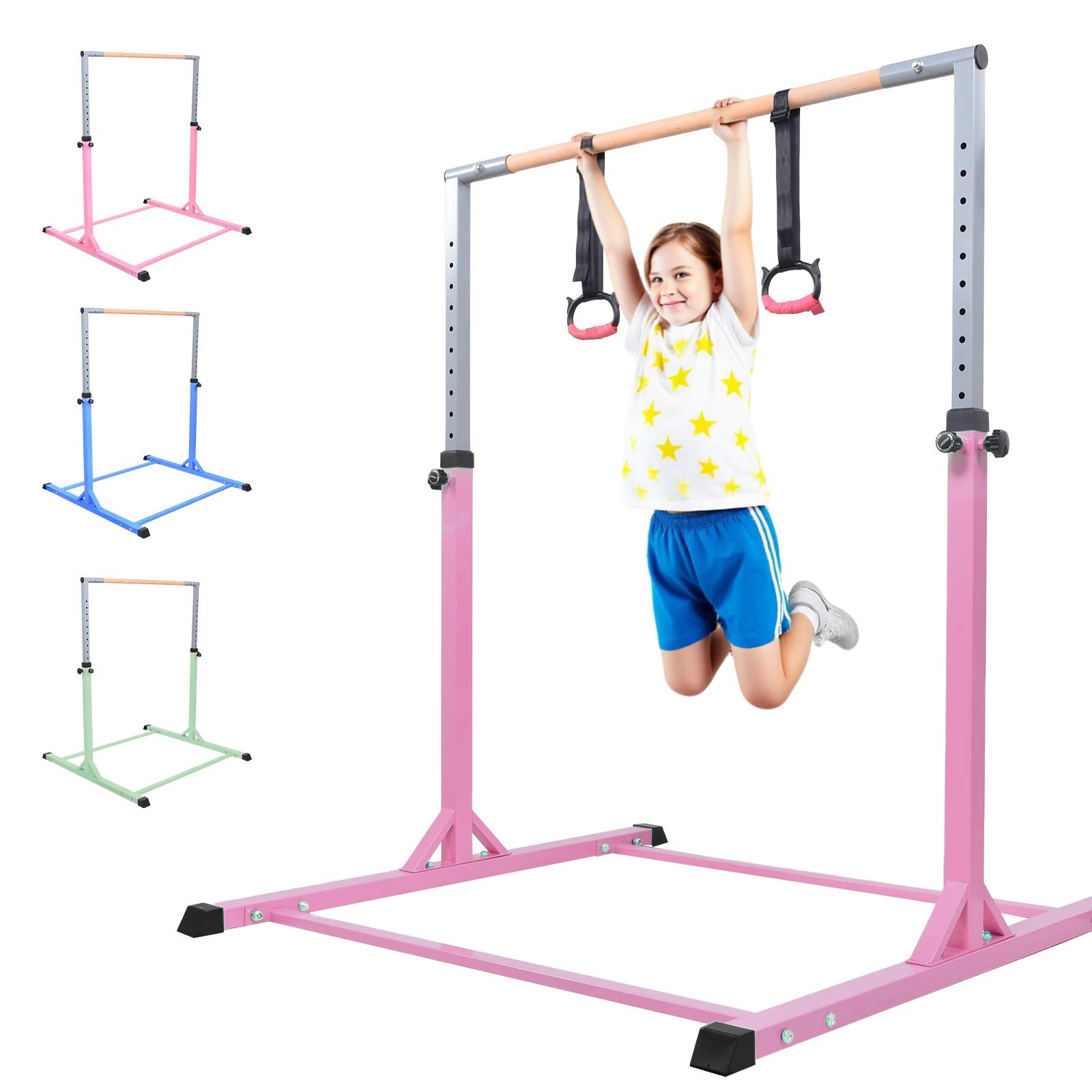 Kinder-Gymnastikstangen - Stufenbarren - Turnmatte - Höhenverstellung in 13 Stufen - Zwei Ringe - Einfache Montage - Pink