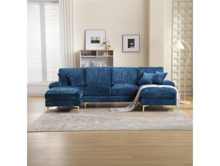 Canapé sectionnel moderne en chenille en forme de U avec coussins pour salon chambre bureau appartement – Bleu