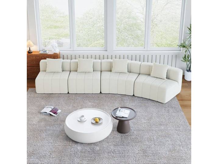 Canapé fixe 4 places droit modulaire en tissu chenille beige modèle 02