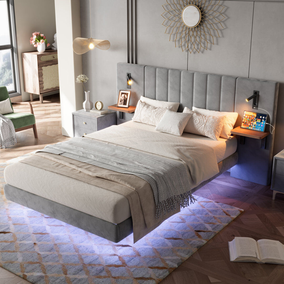 Ivy Bronx 5ft Upholstered Bed With Headboard And 2 Lamps Grey Double (4'6)