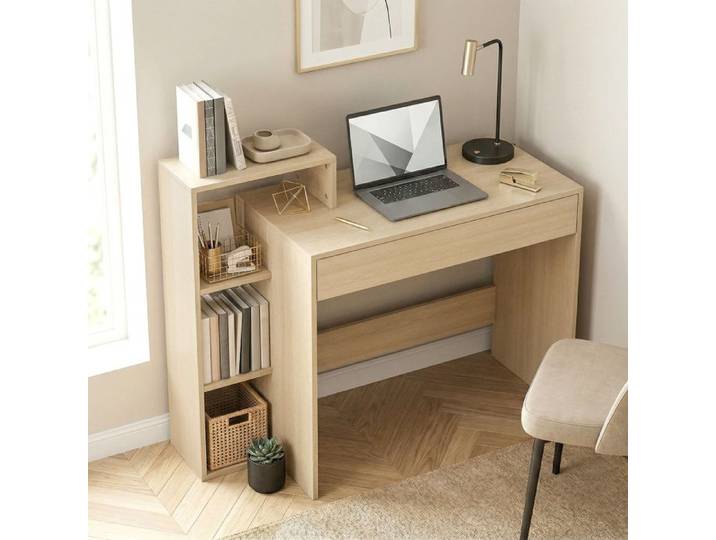 Bureau avec rangement bureau d'ordinateur avec 3 étagères de rangement et tiroir 100 x 40 x 90 cm bois naturel