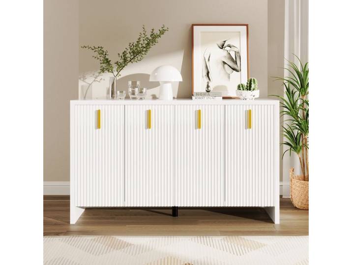 Buffet Salon Blanc Moderne Armoire de Cuisine Minimaliste avec 4 Portes et Etagères Poignées Dorées 140x38x80cm