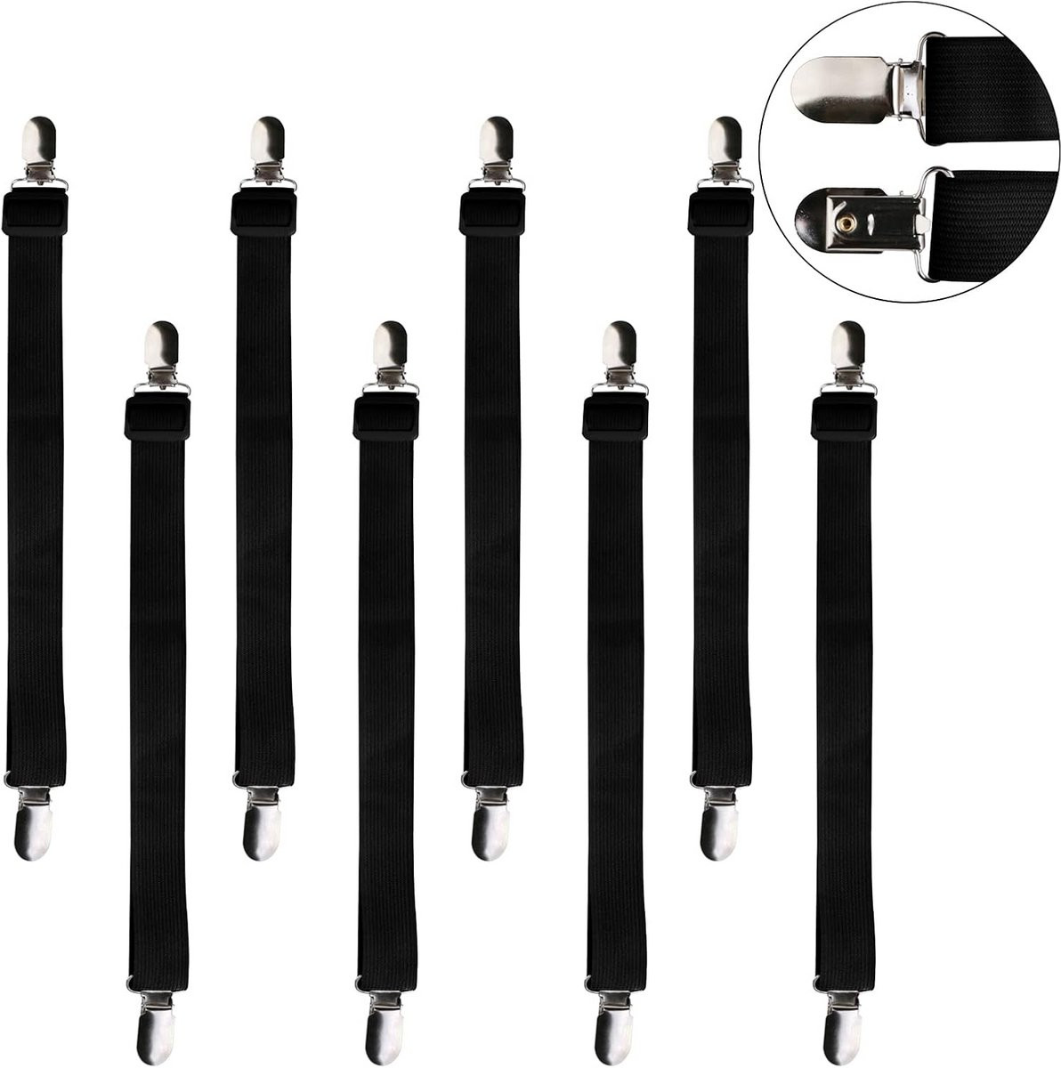 8 stuks Elastische Lakenspanners Zwart - Verstelbare Metalen Beddengoed Clips
