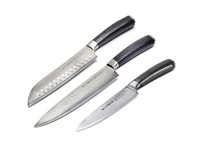 KLAMER Premium Damastmesser 3er Messerset, japanischer Damaszener Stahl 67 Lagen mit 61 HRC bleiben ultrascharf, im 13-Grad-Schnittwinkel schneiden sie Fleisch, Fisch, Obst und Gemüse mühelos