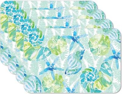 CounterArt Isla Mona Coastal 4 Pack Reversible Easy Care Flexible Plastic Placemats Made in The USA BPA Free PVC Free Easily Wipes Clean